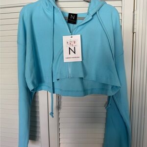 Naked Wardrobe Vibrant Blue Waffle weave zip crop Top with hoodie